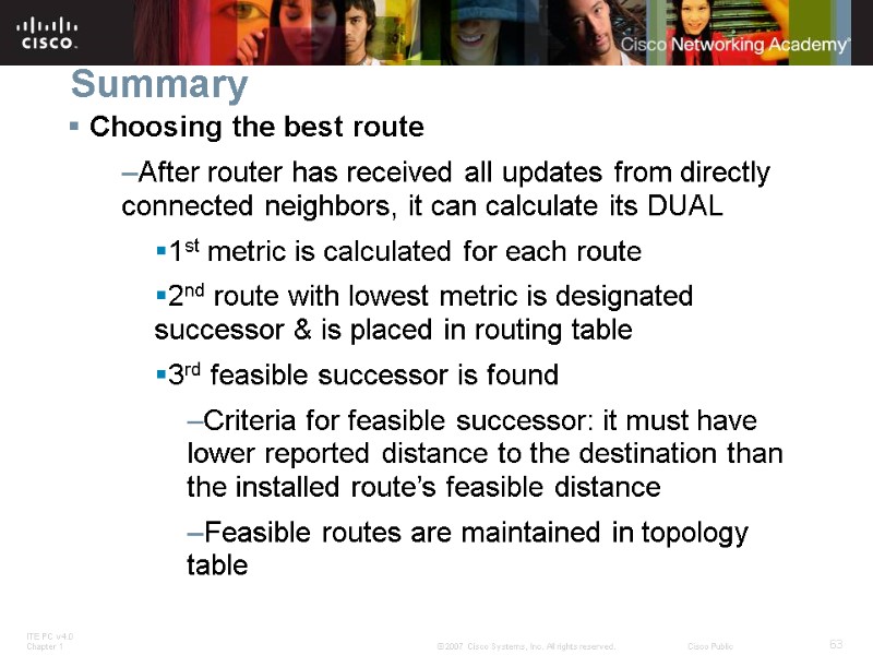 Summary Choosing the best route After router has received all updates from directly connected